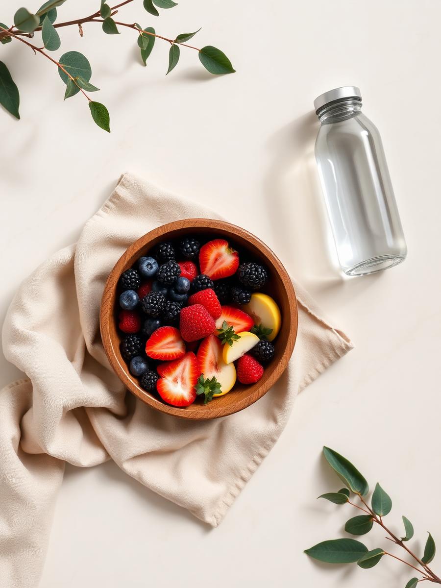 Frutas frescas em bowl de madeira